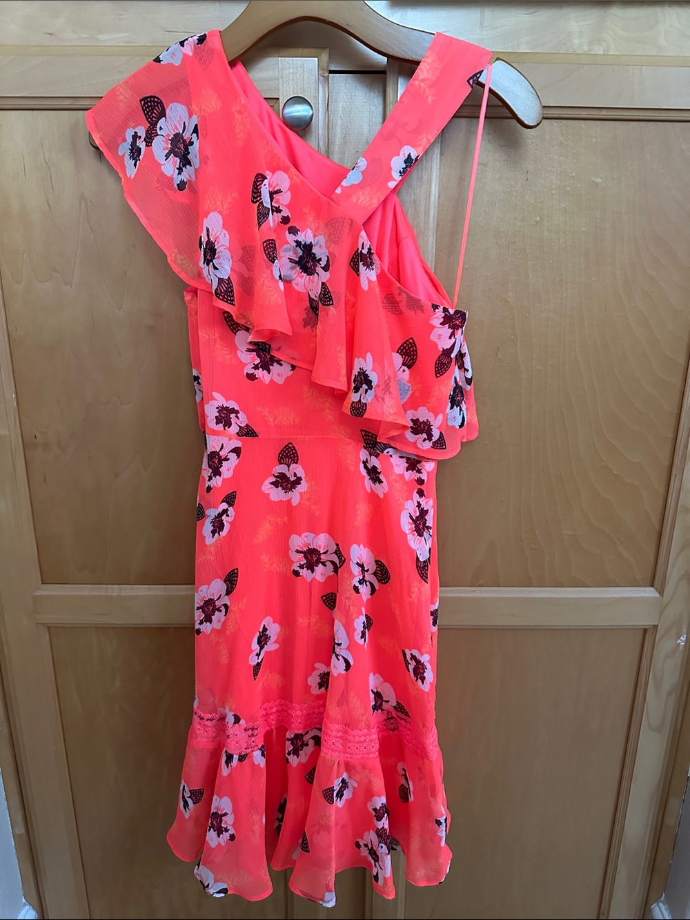 Express One-Shoulder Neon Coral Floral Dress